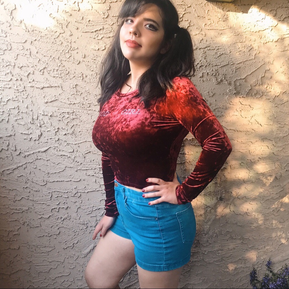 bedazzled ‘good girl’ crushed velvet crop top